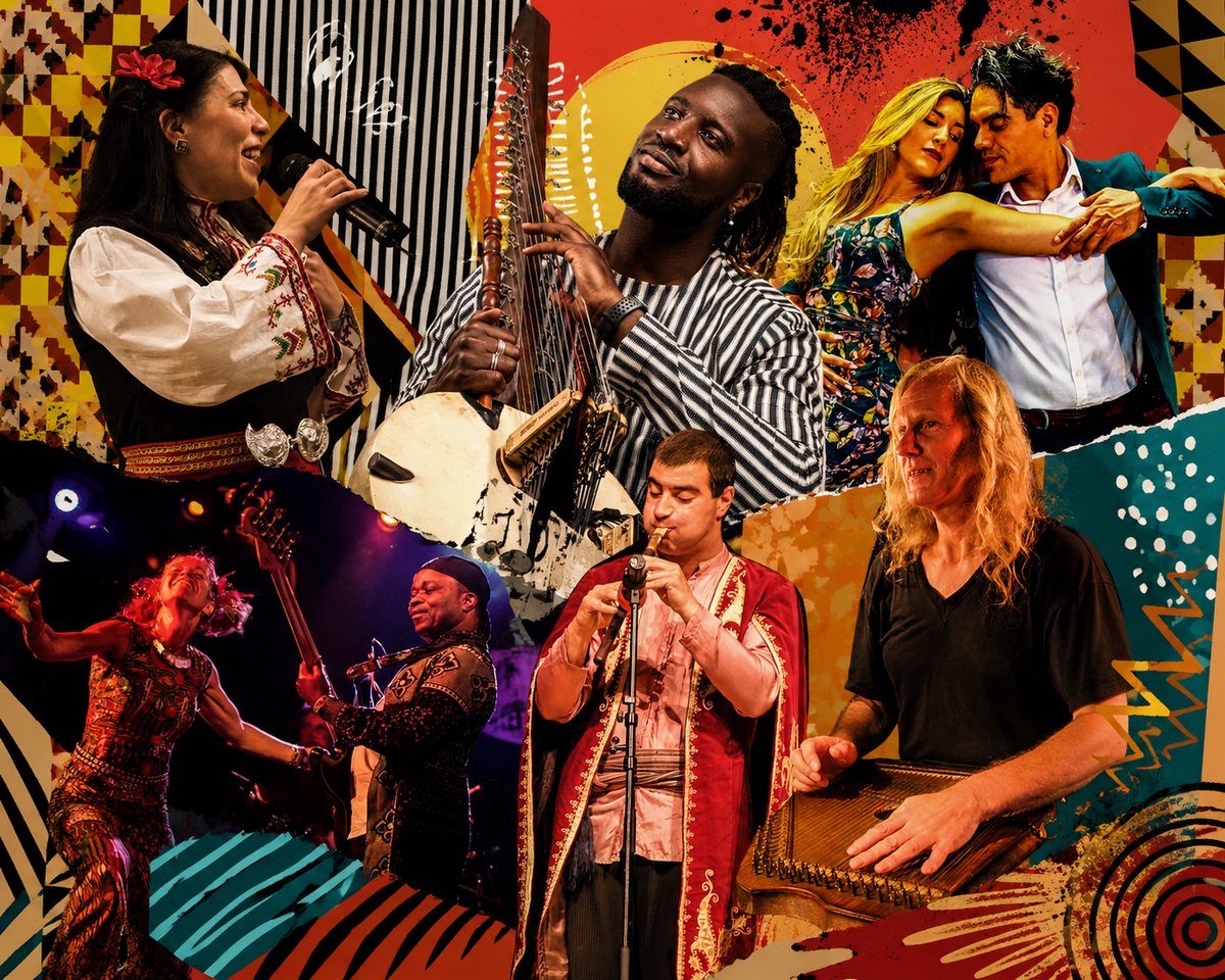 Collage of Big World Festival artists — kora, duduk, tango, Bulgarian voice, percussion and dance