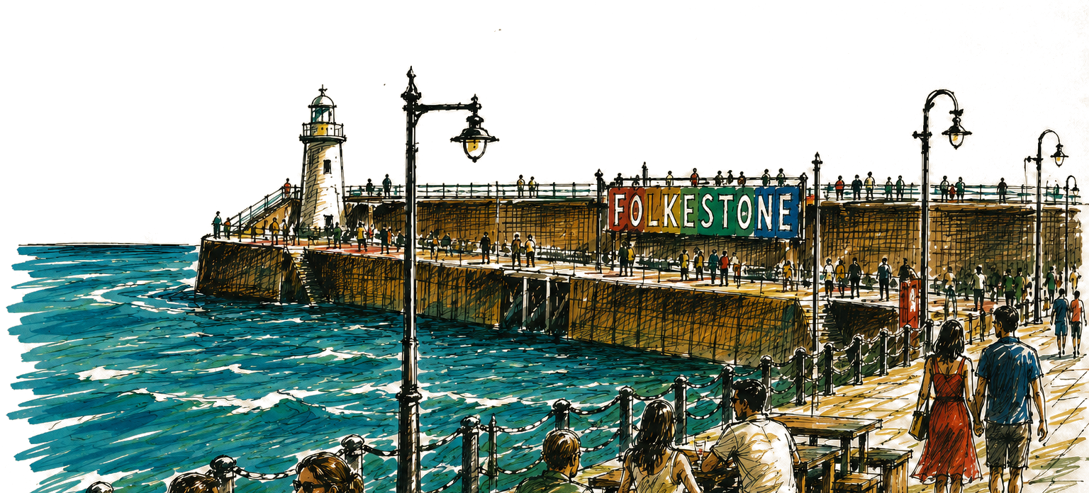Folkestone harbour, lighthouse and seafront cafe — illustration